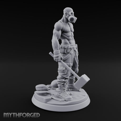 Gas Masked Hammer Dragging Human Brute Miniature for Dungeons and Dragons, Pathfinder or other TTRPGs