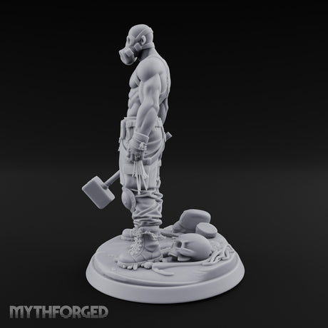 Gas Masked Hammer Dragging Human Brute Miniature for Dungeons and Dragons, Pathfinder or other TTRPGs