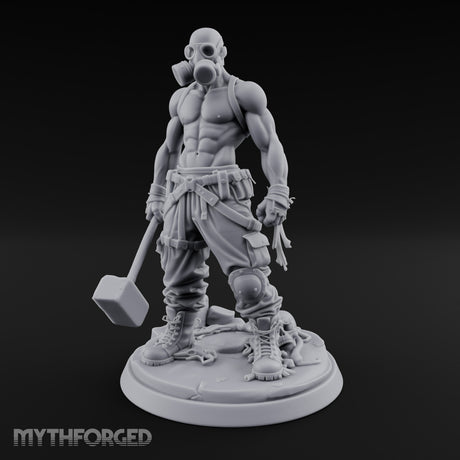 Gas Masked Hammer Dragging Human Brute Miniature for Dungeons and Dragons, Pathfinder or other TTRPGs