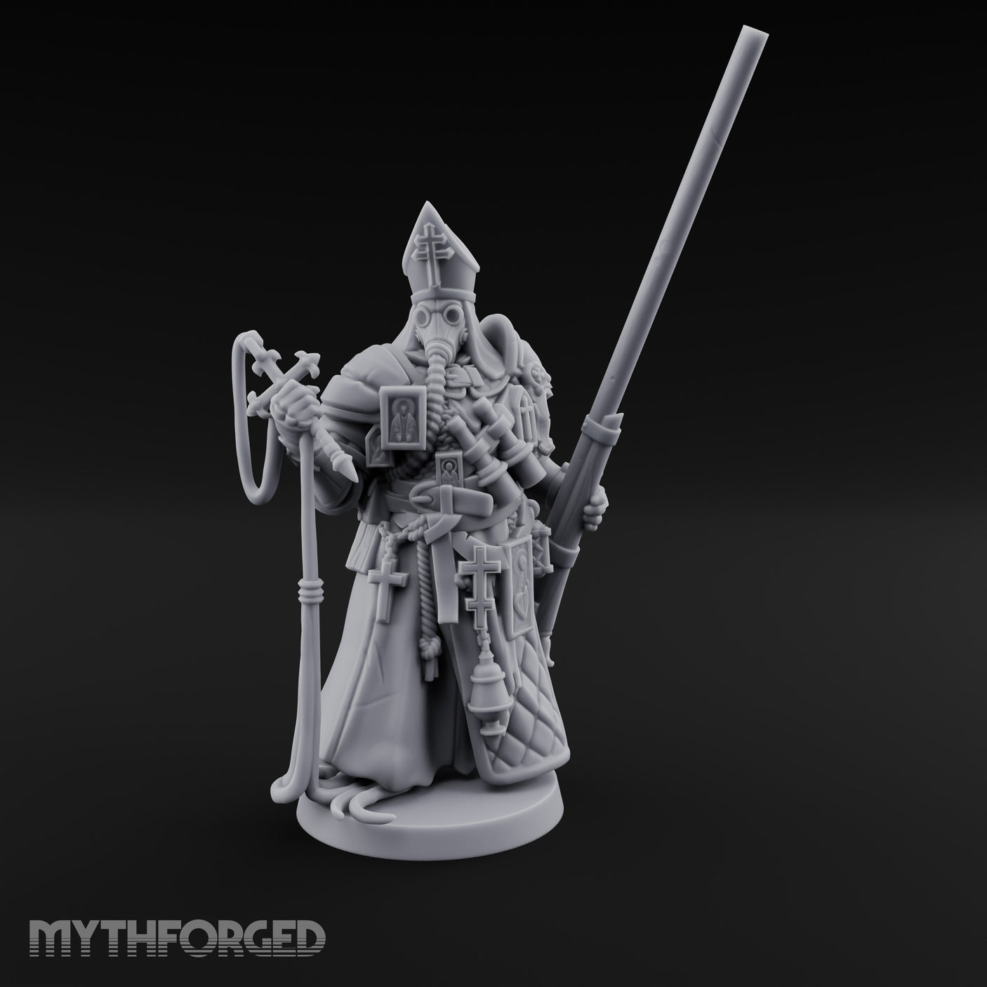 Gas Masked Punt Gun Toting Human Priest Miniature for Dungeons and Dragons, Pathfinder or other TTRPGs