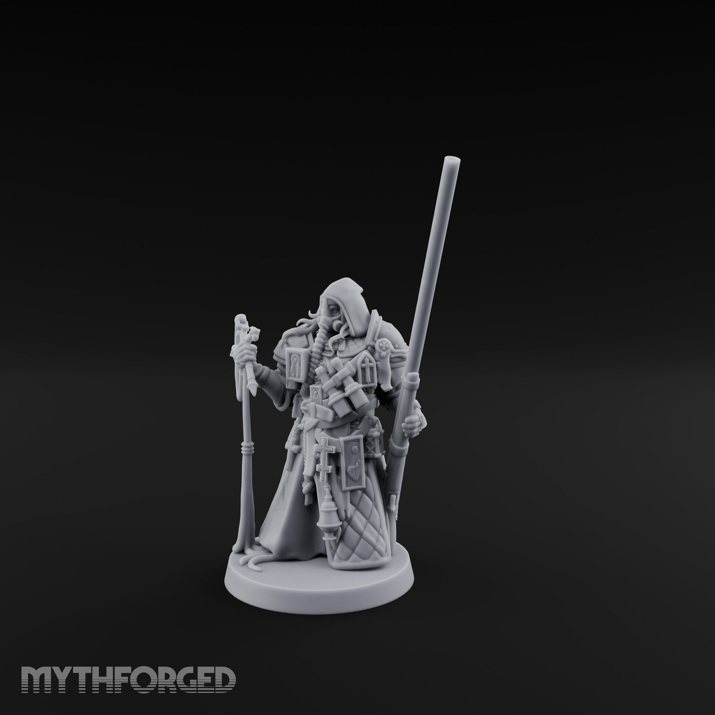 Gas Masked Punt Gun Toting Human Priest Miniature for Dungeons and Dragons, Pathfinder or other TTRPGs