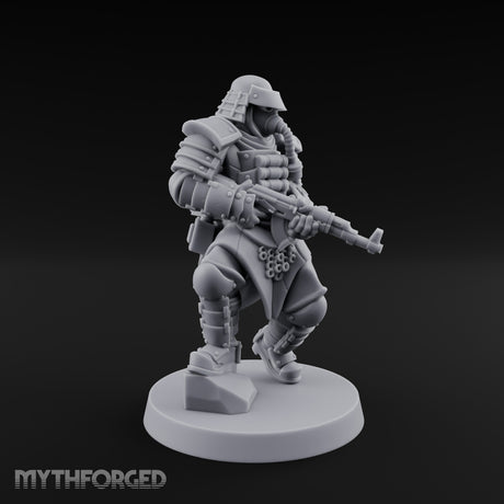 Gas Masked Rifle Advancing Human Shogunate Engineer Miniature for Dungeons and Dragons, Pathfinder or other TTRPGs