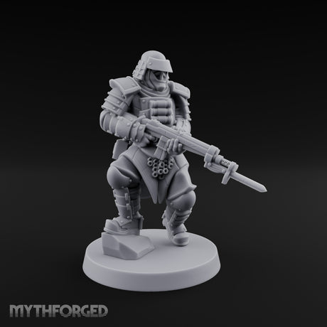 Gas Masked Rifle Advancing Human Shogunate Engineer Miniature for Dungeons and Dragons, Pathfinder or other TTRPGs