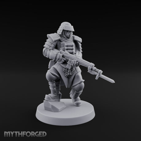 Gas Masked Rifle Advancing Human Shogunate Engineer Miniature for Dungeons and Dragons, Pathfinder or other TTRPGs