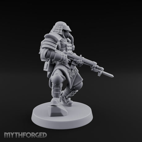 Gas Masked Rifle Advancing Human Shogunate Engineer Miniature for Dungeons and Dragons, Pathfinder or other TTRPGs