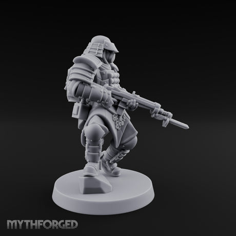 Gas Masked Rifle Advancing Human Shogunate Engineer Miniature for Dungeons and Dragons, Pathfinder or other TTRPGs