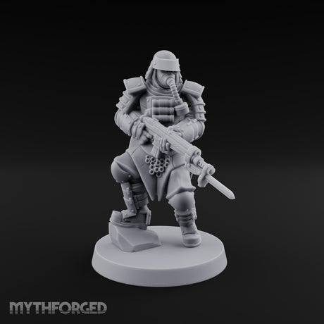 Gas Masked Rifle Advancing Human Shogunate Engineer Miniature for Dungeons and Dragons, Pathfinder or other TTRPGs
