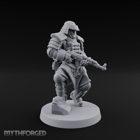 Gas Masked Rifle Advancing Human Shogunate Engineer Miniature for Dungeons and Dragons, Pathfinder or other TTRPGs