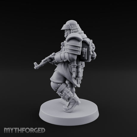 Gas Masked Rifle Advancing Human Shogunate Engineer Miniature for Dungeons and Dragons, Pathfinder or other TTRPGs