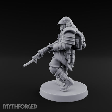 Gas Masked Rifle Advancing Human Shogunate Engineer Miniature for Dungeons and Dragons, Pathfinder or other TTRPGs