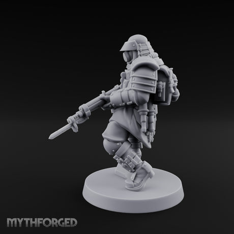 Gas Masked Rifle Advancing Human Shogunate Engineer Miniature for Dungeons and Dragons, Pathfinder or other TTRPGs