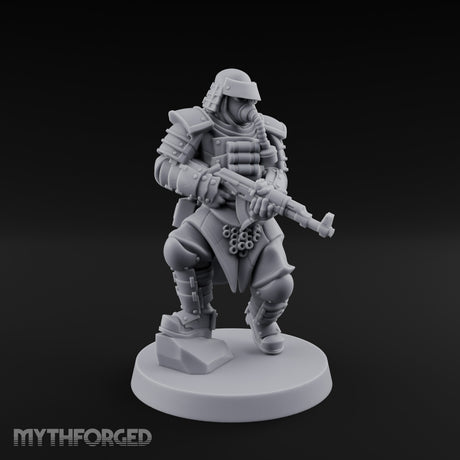 Gas Masked Rifle Advancing Human Shogunate Engineer Miniature for Dungeons and Dragons, Pathfinder or other TTRPGs
