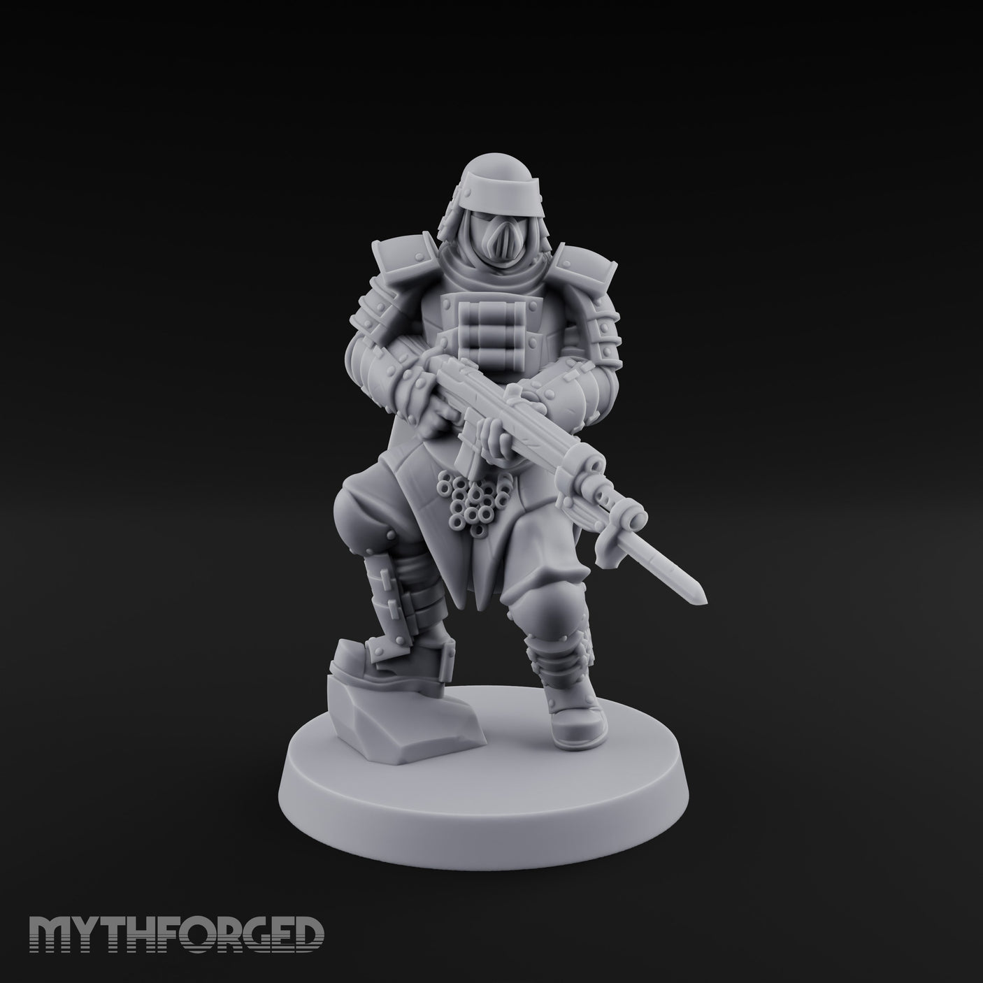 Gas Masked Rifle Advancing Human Shogunate Engineer Miniature for Dungeons and Dragons, Pathfinder or other TTRPGs