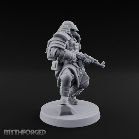 Gas Masked Rifle Advancing Human Shogunate Engineer Miniature for Dungeons and Dragons, Pathfinder or other TTRPGs