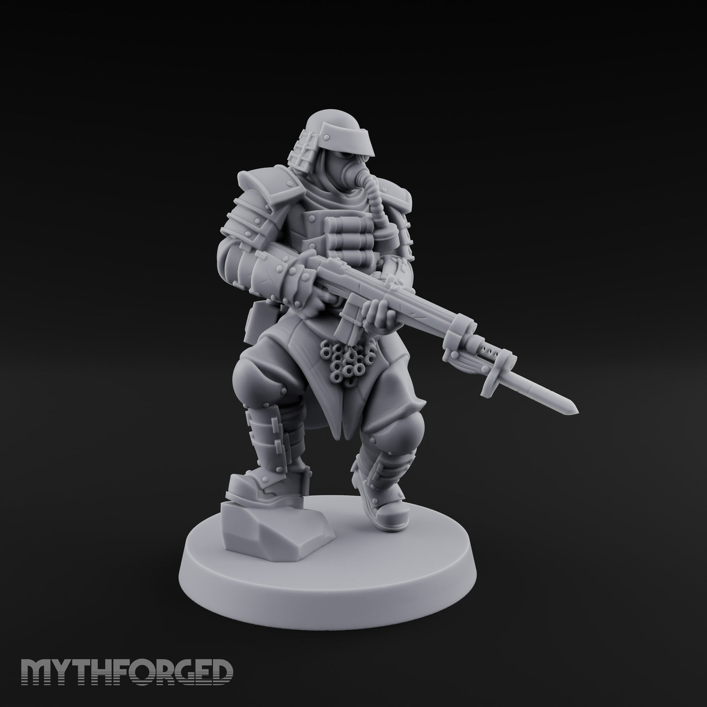 Gas Masked Rifle Advancing Human Shogunate Engineer Miniature for Dungeons and Dragons, Pathfinder or other TTRPGs