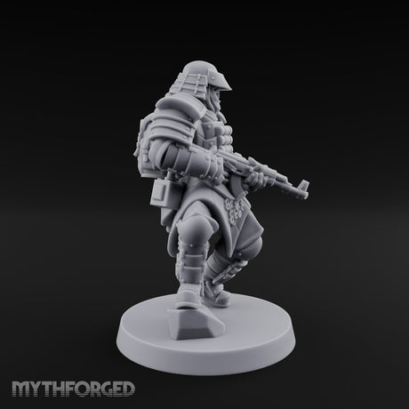 Gas Masked Rifle Advancing Human Shogunate Engineer Miniature for Dungeons and Dragons, Pathfinder or other TTRPGs