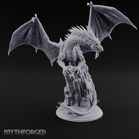 Perched Atop Ruins Silver Dragon Miniature for Dungeons and Dragons, Pathfinder or other TTRPGs