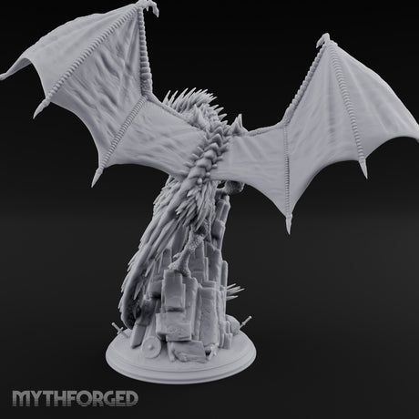 Perched Atop Ruins Silver Dragon Miniature for Dungeons and Dragons, Pathfinder or other TTRPGs