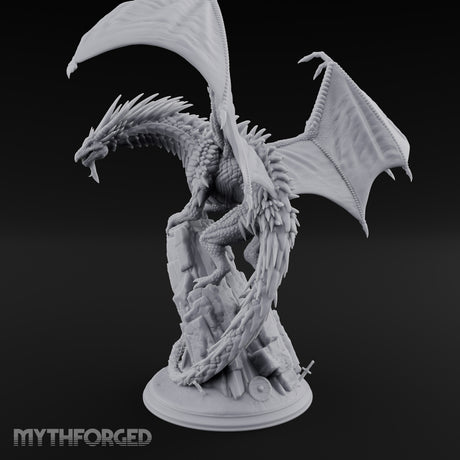 Perched Atop Ruins Silver Dragon Miniature for Dungeons and Dragons, Pathfinder or other TTRPGs
