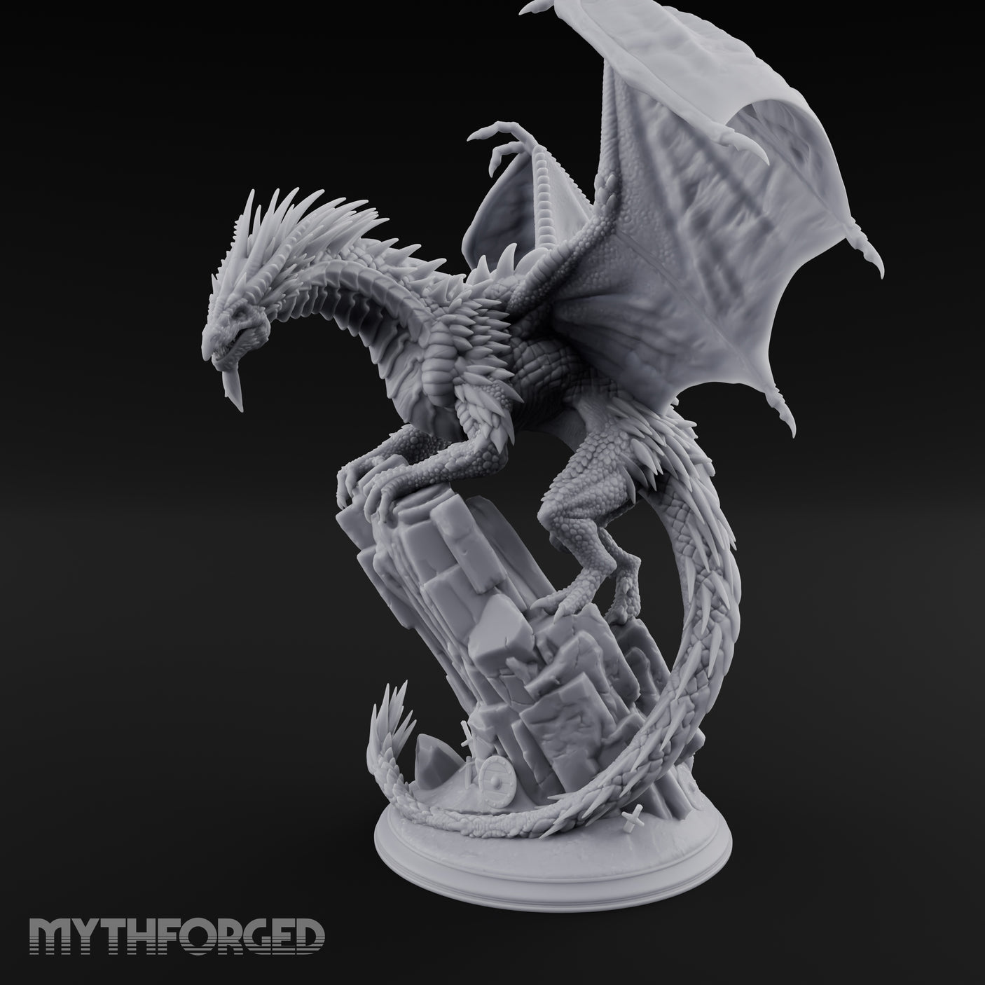 Perched Atop Ruins Silver Dragon Miniature for Dungeons and Dragons, Pathfinder or other TTRPGs