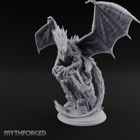 Perched Atop Ruins Silver Dragon Miniature for Dungeons and Dragons, Pathfinder or other TTRPGs