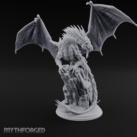 Perched Atop Ruins Silver Dragon Miniature for Dungeons and Dragons, Pathfinder or other TTRPGs