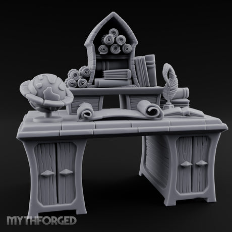 Globe-Rested Scroll-Laden Scholar's Study Desk Miniature for Dungeons and Dragons, Pathfinder or other TTRPGs