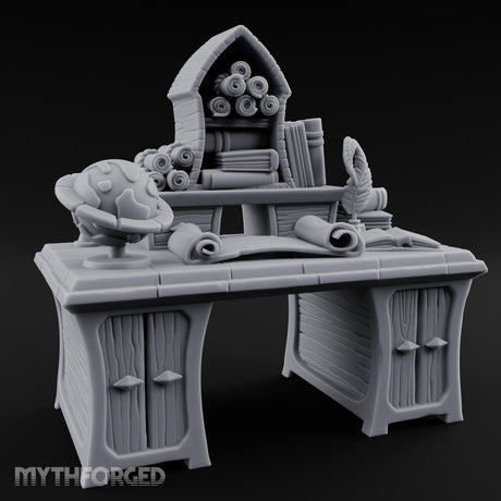 Globe-Rested Scroll-Laden Scholar's Study Desk Miniature for Dungeons and Dragons, Pathfinder or other TTRPGs