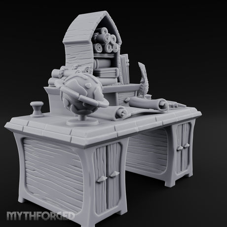 Globe-Rested Scroll-Laden Scholar's Study Desk Miniature for Dungeons and Dragons, Pathfinder or other TTRPGs