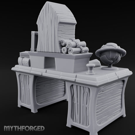 Globe-Rested Scroll-Laden Scholar's Study Desk Miniature for Dungeons and Dragons, Pathfinder or other TTRPGs