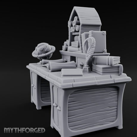 Globe-Rested Scroll-Laden Scholar's Study Desk Miniature for Dungeons and Dragons, Pathfinder or other TTRPGs