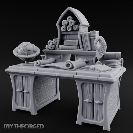 Globe-Rested Scroll-Laden Scholar's Study Desk Miniature for Dungeons and Dragons, Pathfinder or other TTRPGs