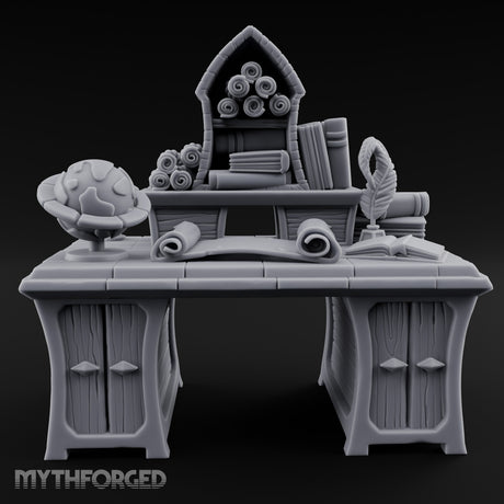 Globe-Rested Scroll-Laden Scholar's Study Desk Miniature for Dungeons and Dragons, Pathfinder or other TTRPGs