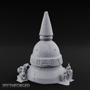 Glyph-Banded Candle-Flanked Sacred Bell Stupa Shrine Miniature for Dungeons and Dragons, Pathfinder or other TTRPGs