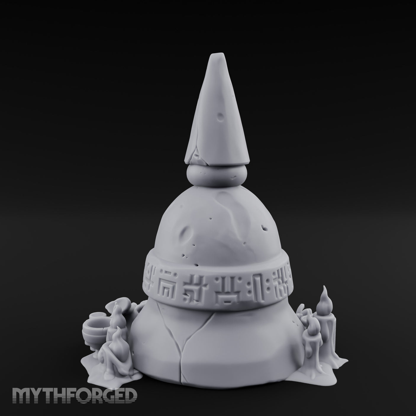 Glyph-Banded Candle-Flanked Sacred Bell Stupa Shrine Miniature for Dungeons and Dragons, Pathfinder or other TTRPGs