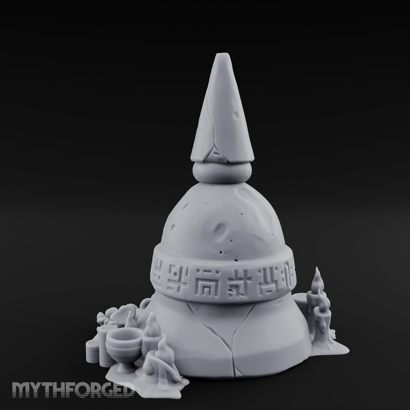 Glyph-Banded Candle-Flanked Sacred Bell Stupa Shrine Miniature for Dungeons and Dragons, Pathfinder or other TTRPGs