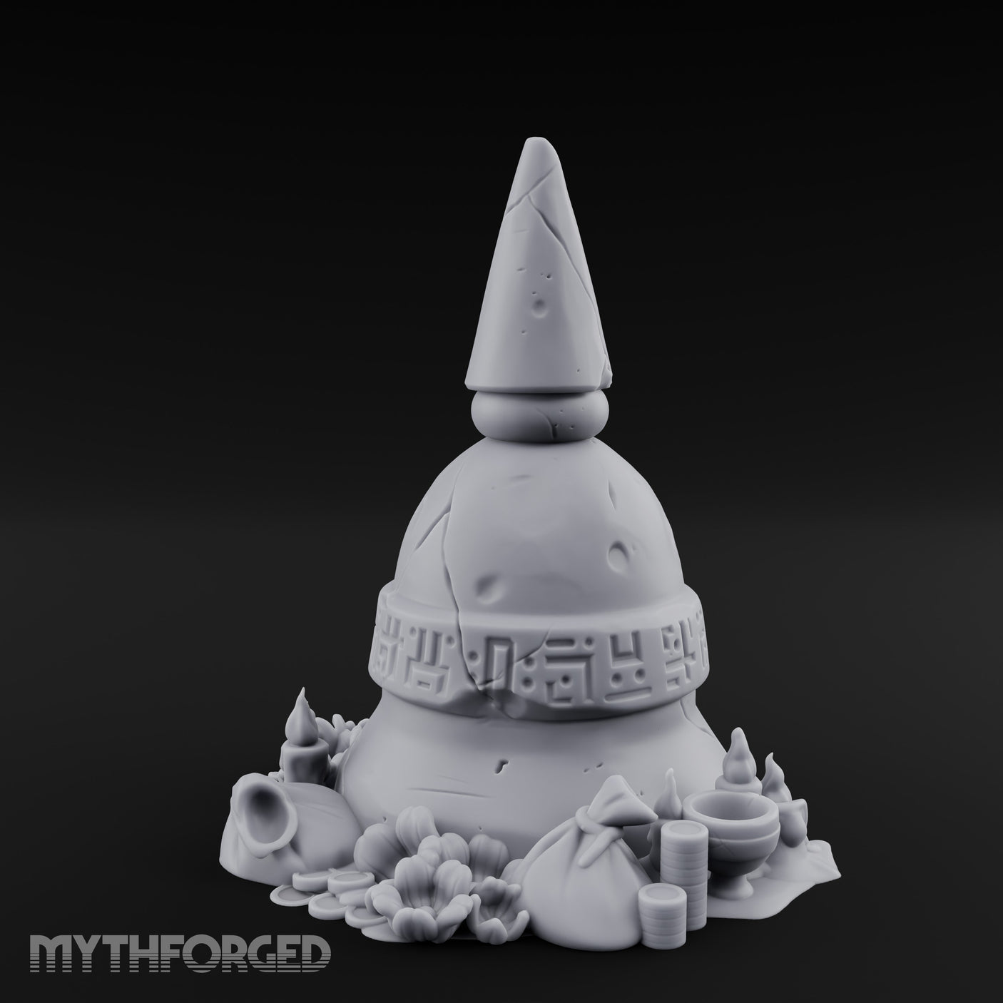 Glyph-Banded Candle-Flanked Sacred Bell Stupa Shrine Miniature for Dungeons and Dragons, Pathfinder or other TTRPGs