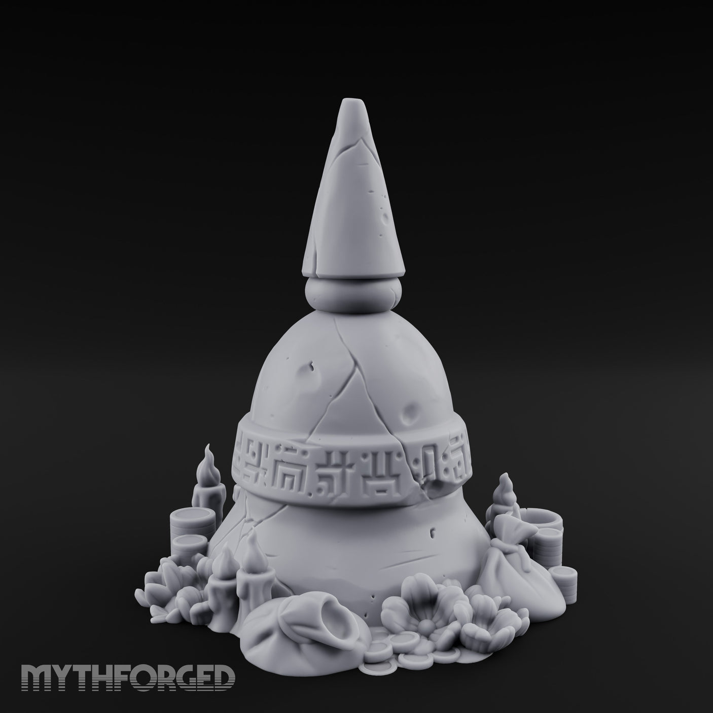 Glyph-Banded Candle-Flanked Sacred Bell Stupa Shrine Miniature for Dungeons and Dragons, Pathfinder or other TTRPGs