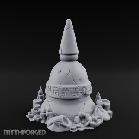 Glyph-Banded Candle-Flanked Sacred Bell Stupa Shrine Miniature for Dungeons and Dragons, Pathfinder or other TTRPGs