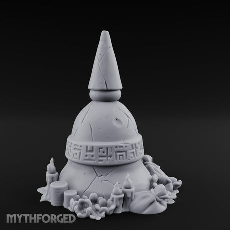 Glyph-Banded Candle-Flanked Sacred Bell Stupa Shrine Miniature for Dungeons and Dragons, Pathfinder or other TTRPGs