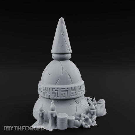 Glyph-Banded Candle-Flanked Sacred Bell Stupa Shrine Miniature for Dungeons and Dragons, Pathfinder or other TTRPGs