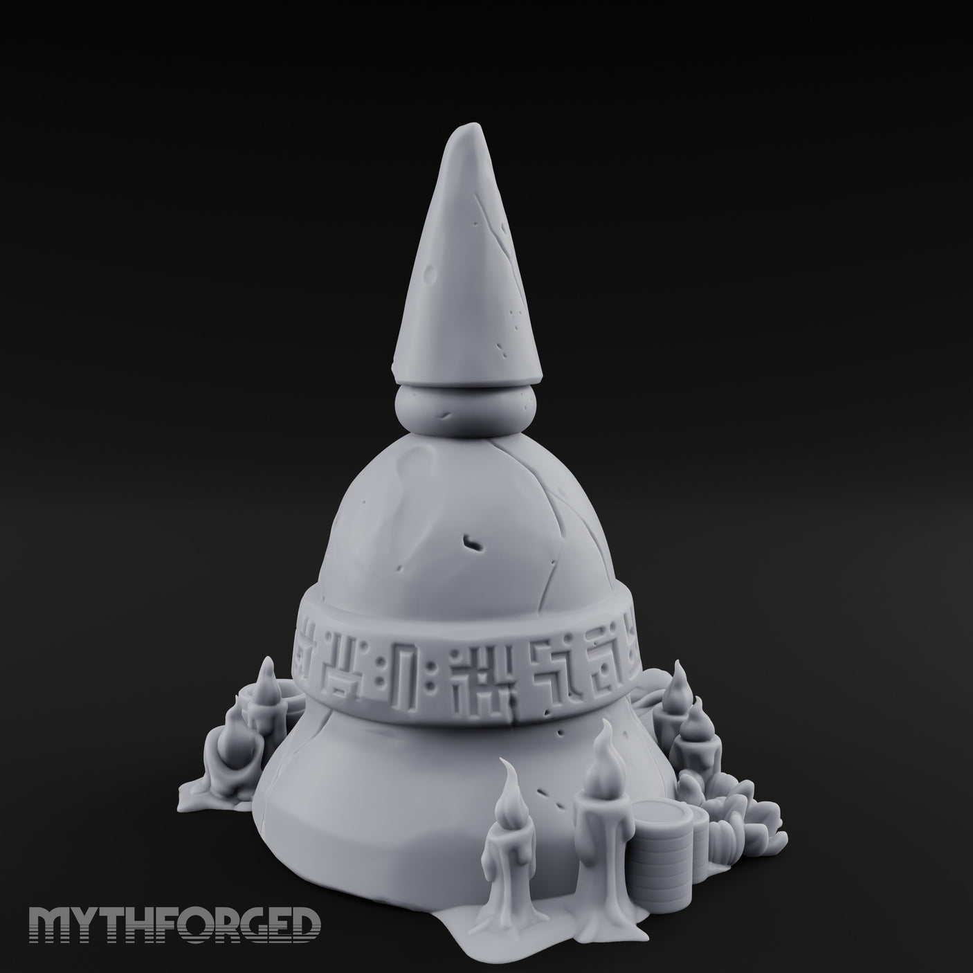 Glyph-Banded Candle-Flanked Sacred Bell Stupa Shrine Miniature for Dungeons and Dragons, Pathfinder or other TTRPGs