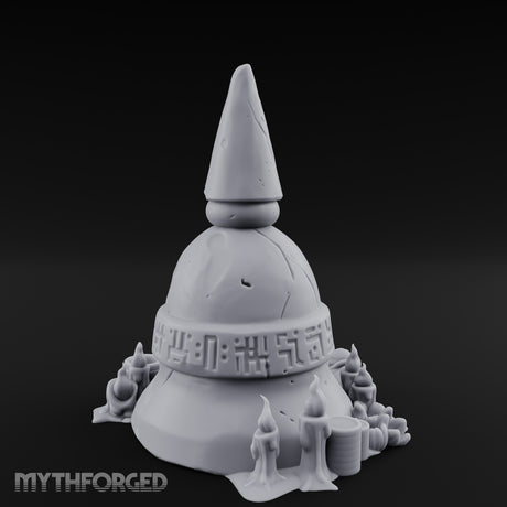 Glyph-Banded Candle-Flanked Sacred Bell Stupa Shrine Miniature for Dungeons and Dragons, Pathfinder or other TTRPGs