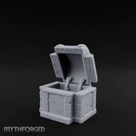 Glyph-Bordered Crack-Faced Stone Treasure Chest Miniature for Dungeons and Dragons, Pathfinder or other TTRPGs