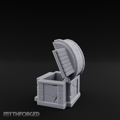 Glyph-Bordered Crack-Faced Stone Treasure Chest Miniature for Dungeons and Dragons, Pathfinder or other TTRPGs