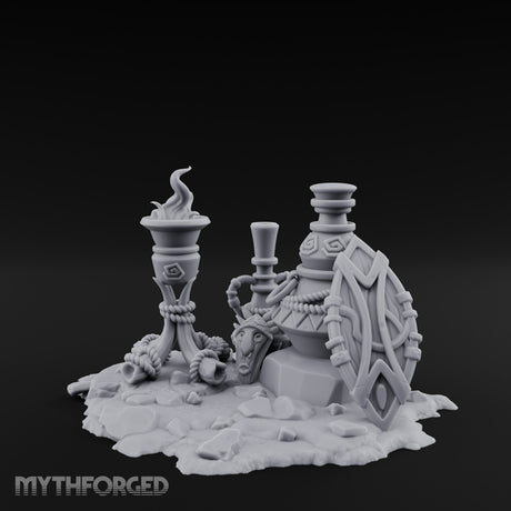 Glyph-Carved Rope-Coiled Tribal Torch and Idol Vessel Scene Miniature for Dungeons and Dragons, Pathfinder or other TTRPGs