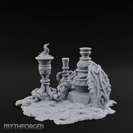Glyph-Carved Rope-Coiled Tribal Torch and Idol Vessel Scene Miniature for Dungeons and Dragons, Pathfinder or other TTRPGs