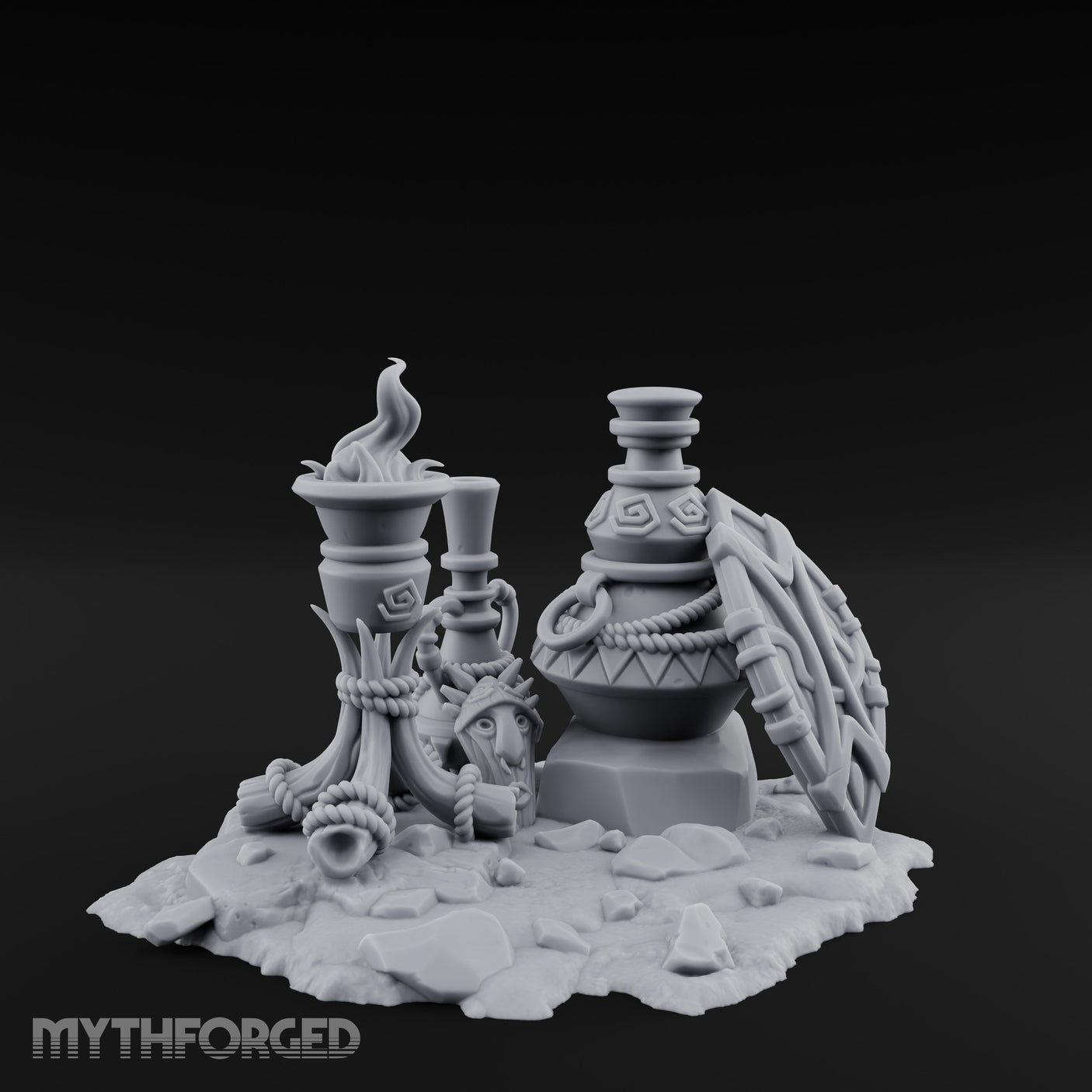 Glyph-Carved Rope-Coiled Tribal Torch and Idol Vessel Scene Miniature for Dungeons and Dragons, Pathfinder or other TTRPGs
