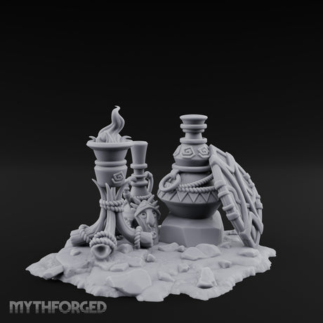 Glyph-Carved Rope-Coiled Tribal Torch and Idol Vessel Scene Miniature for Dungeons and Dragons, Pathfinder or other TTRPGs