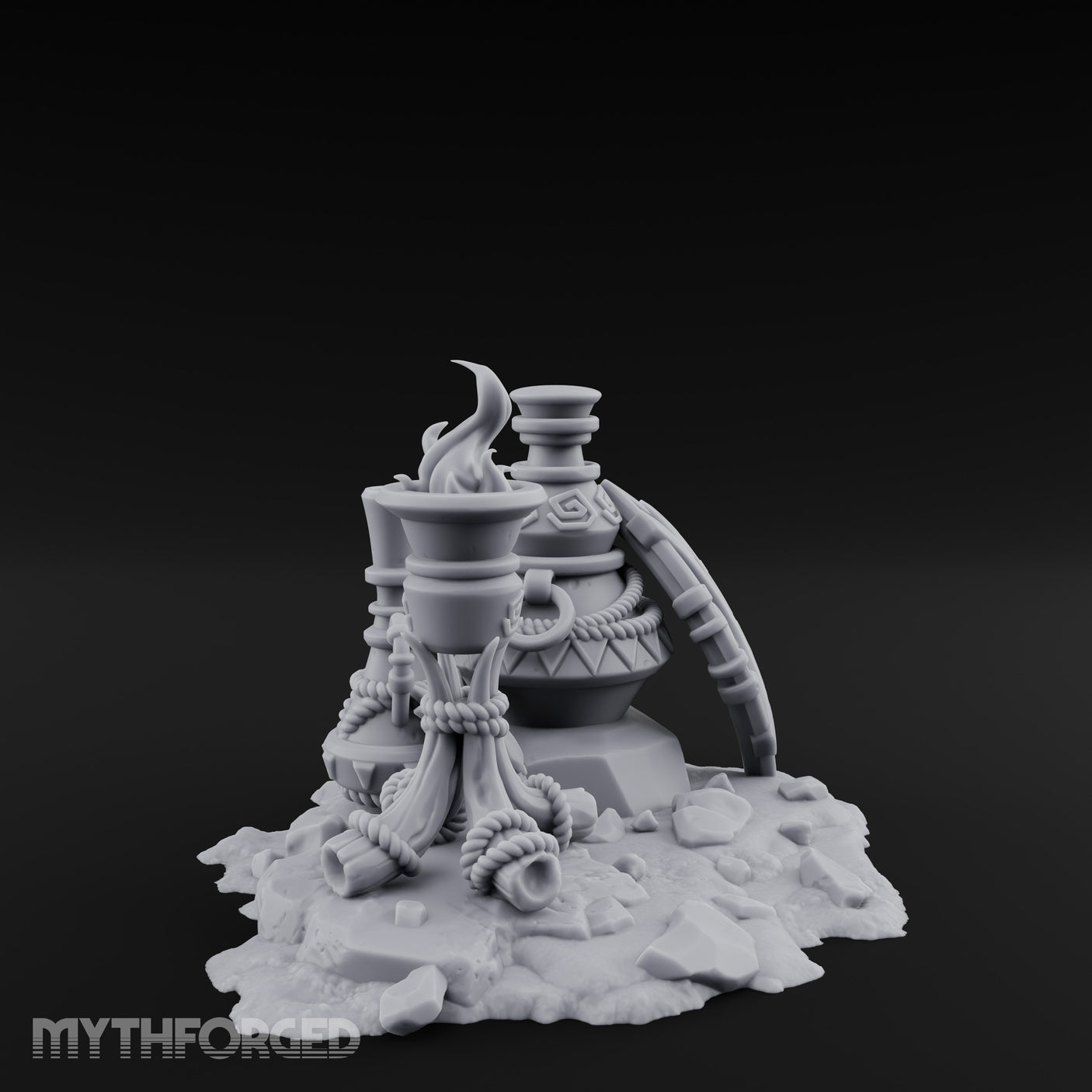 Glyph-Carved Rope-Coiled Tribal Torch and Idol Vessel Scene Miniature for Dungeons and Dragons, Pathfinder or other TTRPGs
